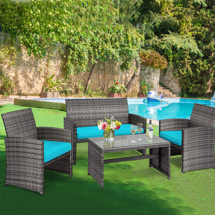 4PCS Patio Outdoor Rattan Conversation Furniture Set w/ Turquoise Cushion Image 1