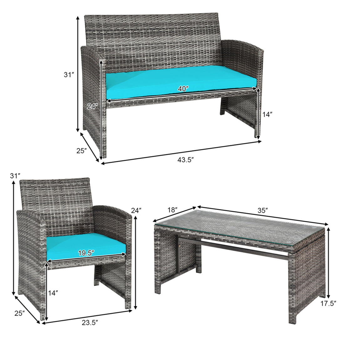 4PCS Patio Outdoor Rattan Conversation Furniture Set w/ Turquoise Cushion Image 6