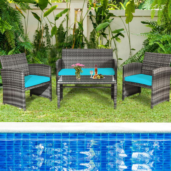 4PCS Patio Outdoor Rattan Conversation Furniture Set w/ Turquoise Cushion Image 3