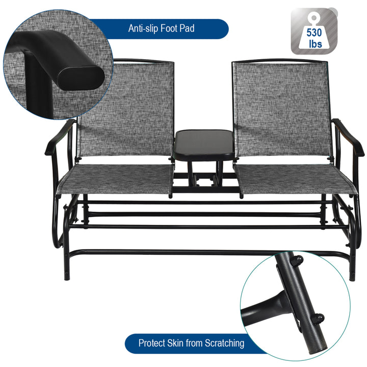 Patio 2-Person Glider Rocking Char Loveseat Garden w/ Tempered Glass Table Grey Image 10