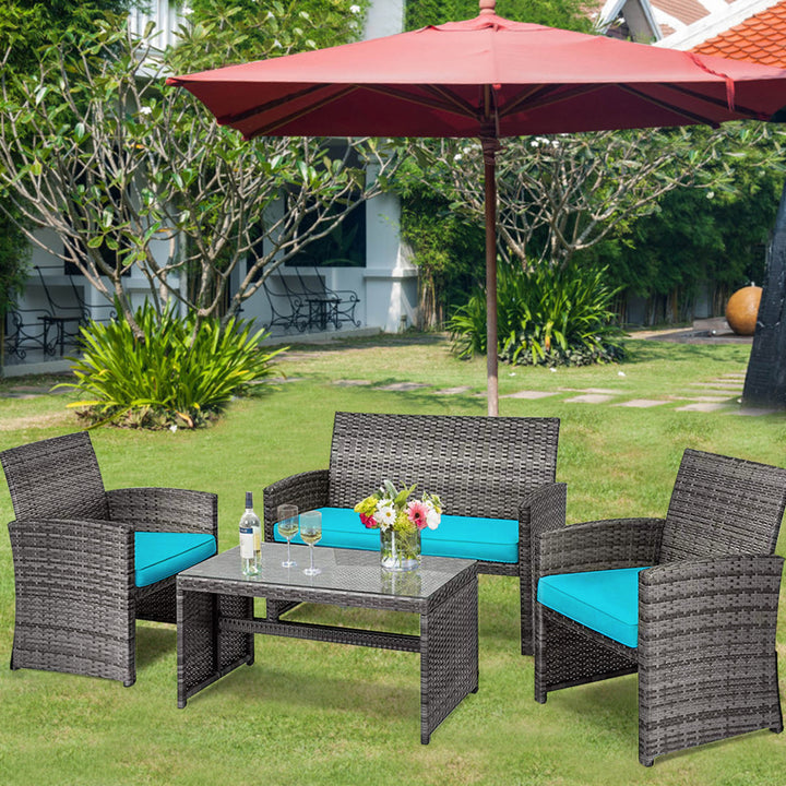 4PCS Patio Outdoor Rattan Conversation Furniture Set w/ Turquoise Cushion Image 4