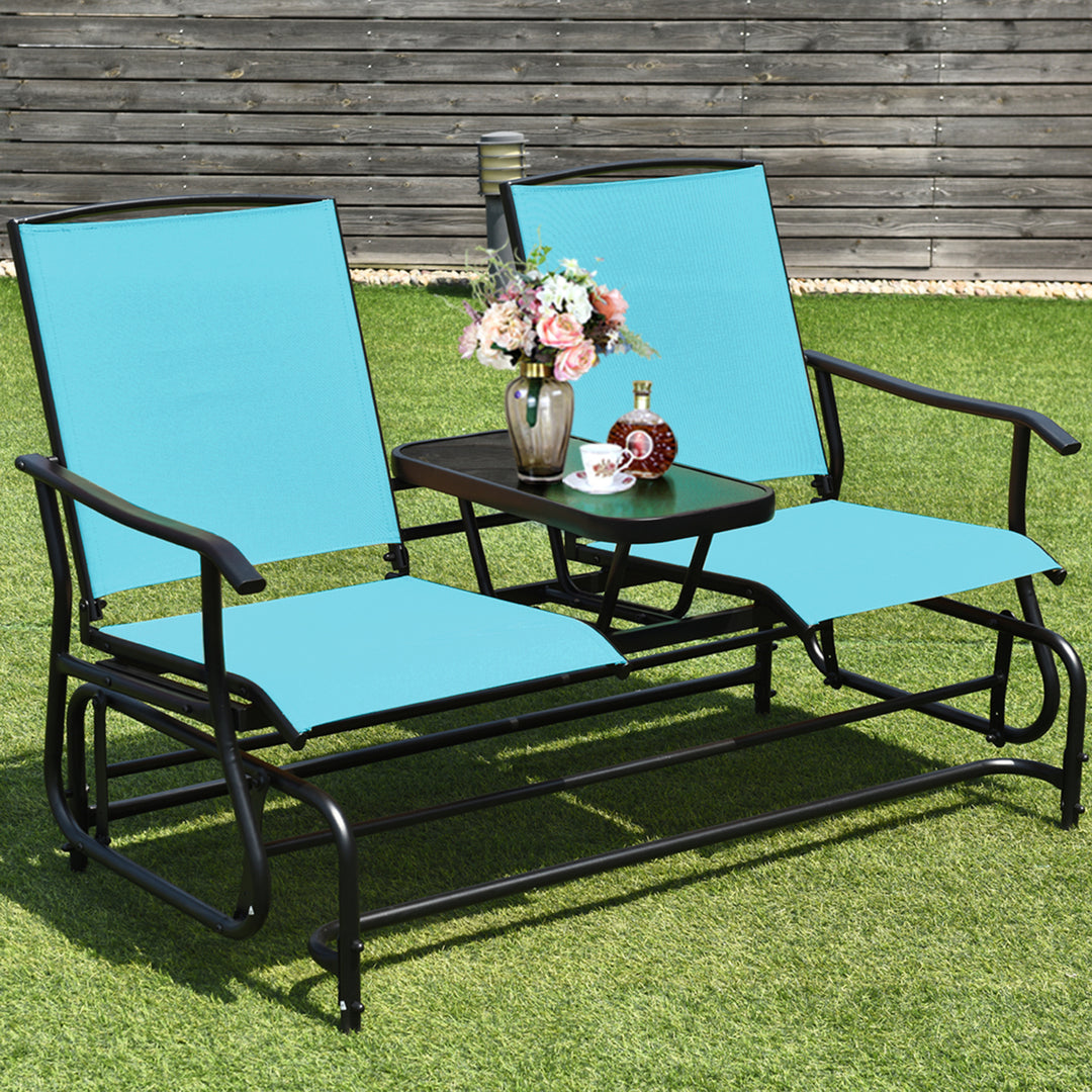 Patio 2-Person Glider Rocking Char Loveseat Garden w/ Tempered Glass Table Turquoise Image 1