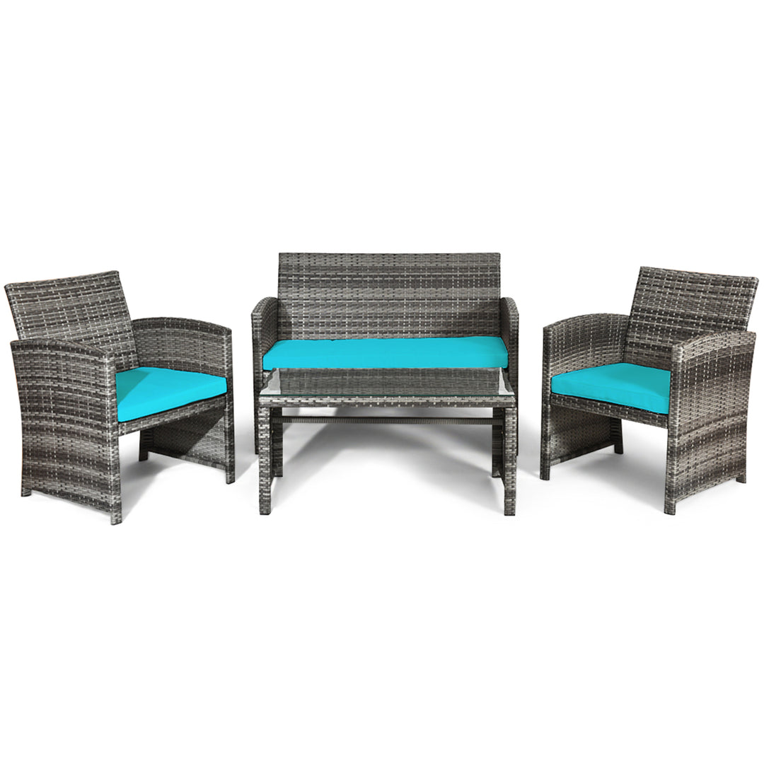 4PCS Patio Outdoor Rattan Conversation Furniture Set w/ Turquoise Cushion Image 5