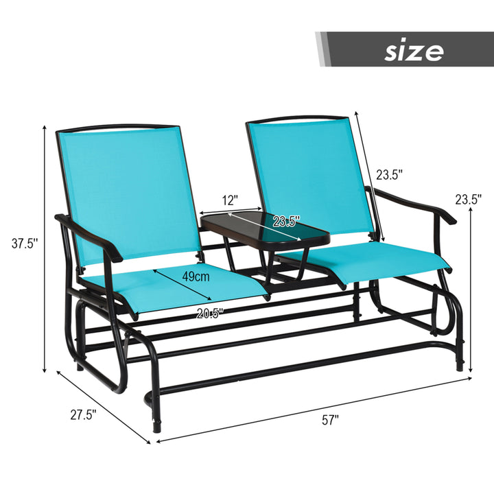 Patio 2-Person Glider Rocking Char Loveseat Garden w/ Tempered Glass Table Turquoise Image 2