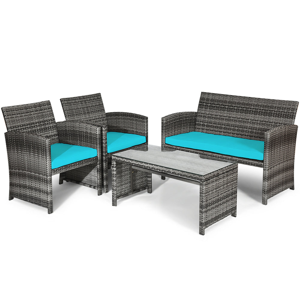 4PCS Patio Outdoor Rattan Conversation Furniture Set w/ Turquoise Cushion Image 2