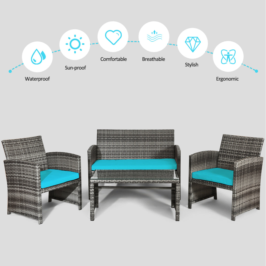 4PCS Patio Outdoor Rattan Conversation Furniture Set w/ Turquoise Cushion Image 7