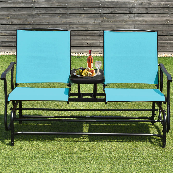 Patio 2-Person Glider Rocking Char Loveseat Garden w/ Tempered Glass Table Turquoise Image 3