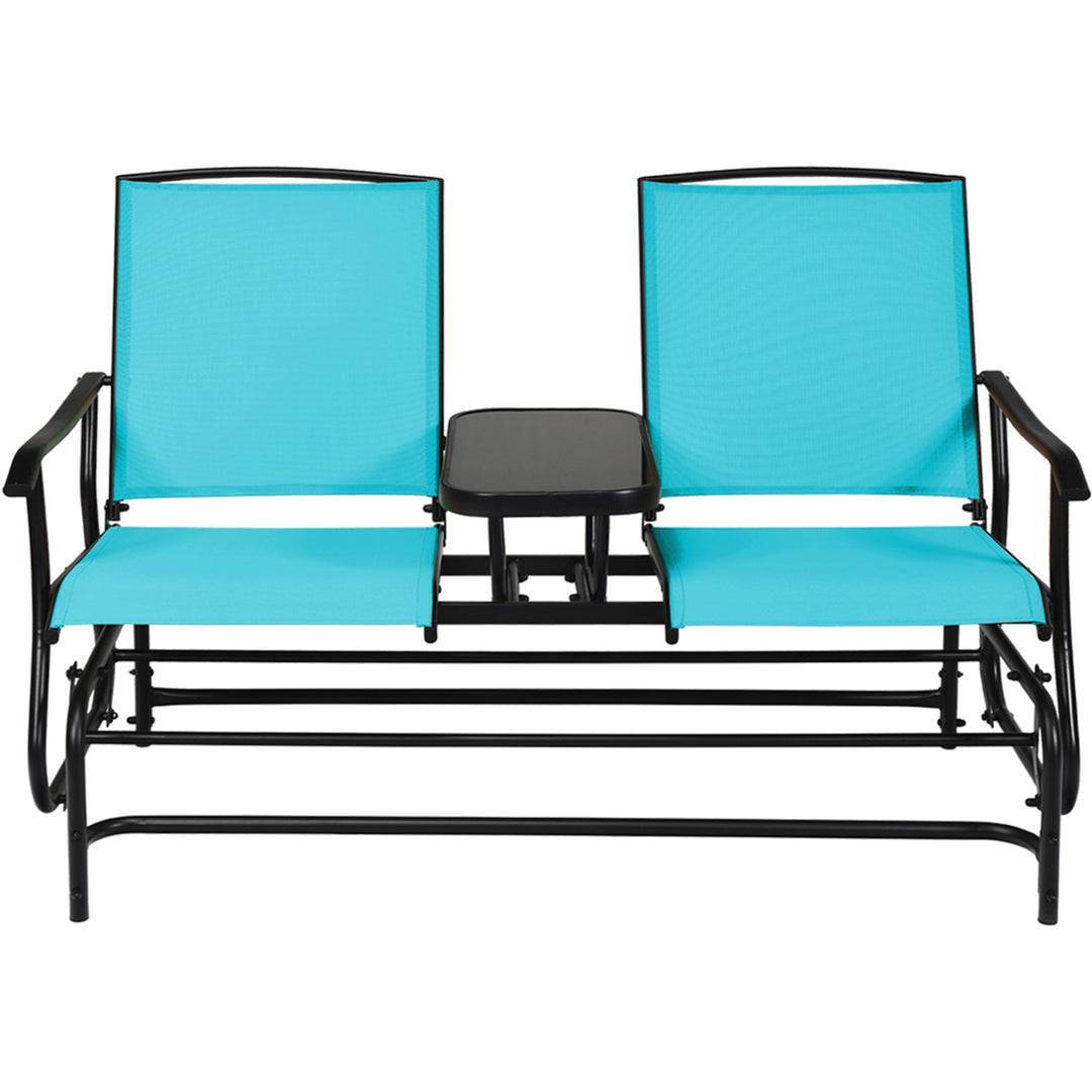 Patio 2-Person Glider Rocking Char Loveseat Garden w/ Tempered Glass Table Turquoise Image 4