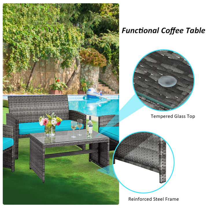 4PCS Patio Outdoor Rattan Conversation Furniture Set w/ Turquoise Cushion Image 8