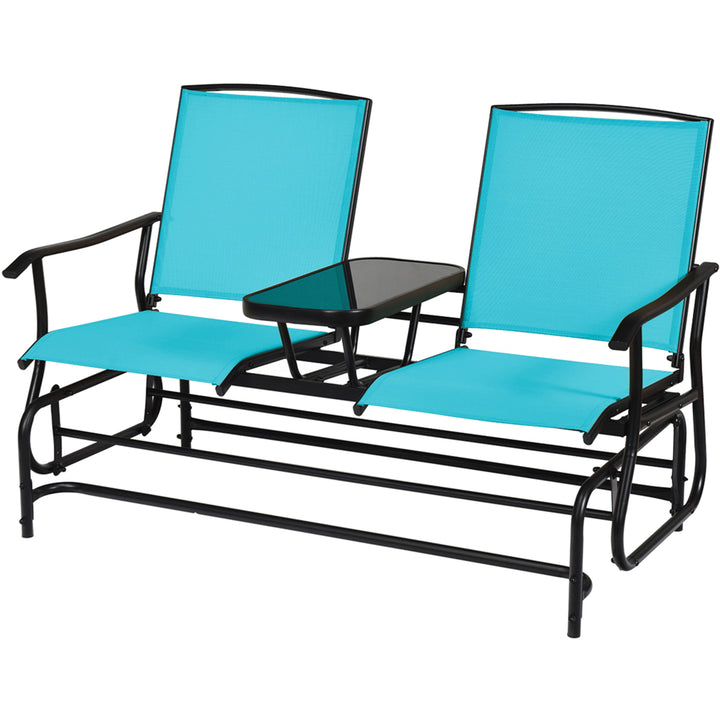 Patio 2-Person Glider Rocking Char Loveseat Garden w/ Tempered Glass Table Turquoise Image 5