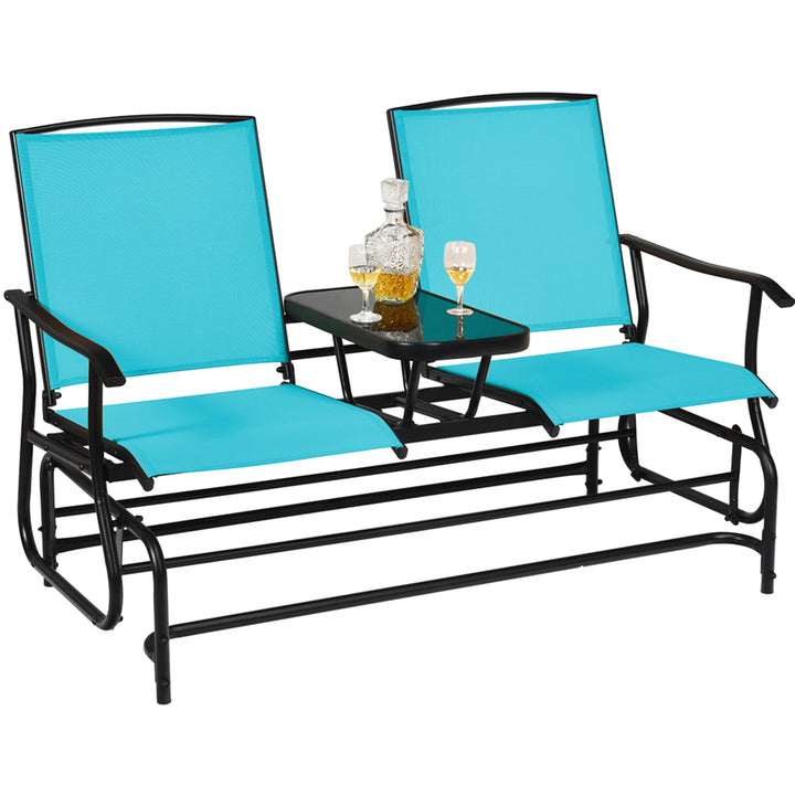 Patio 2-Person Glider Rocking Char Loveseat Garden w/ Tempered Glass Table Turquoise Image 6