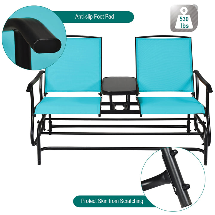 Patio 2-Person Glider Rocking Char Loveseat Garden w/ Tempered Glass Table Turquoise Image 9