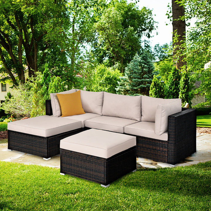 5PCS Rattan Patio Conversation Set Outdoor Furniture Set w/ Ottoman Cushion Image 3