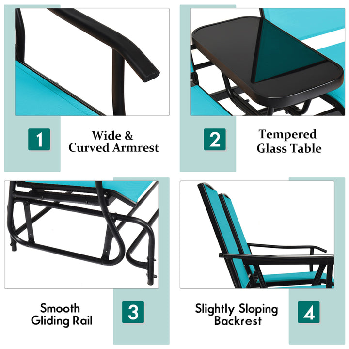 Patio 2-Person Glider Rocking Char Loveseat Garden w/ Tempered Glass Table Turquoise Image 10