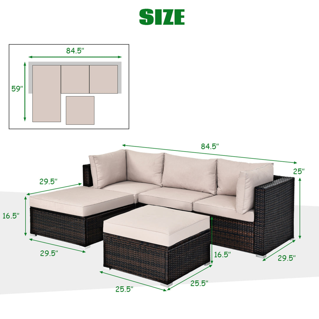 5PCS Rattan Patio Conversation Set Outdoor Furniture Set w/ Ottoman Cushion Image 6