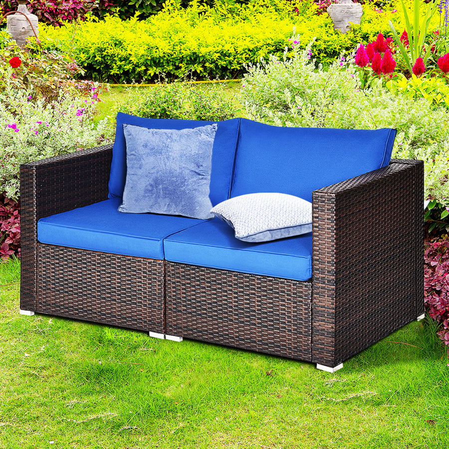 2PCS Rattan Corner Sofa Set Patio Outdoor Furniture Set w/ 4 Navy Cushions Image 1