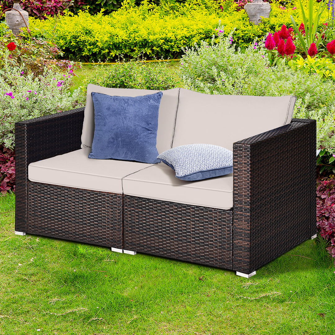 2PCS Rattan Corner Sofa Set Patio Outdoor Furniture Set w/ 4 Beige Cushions Image 1