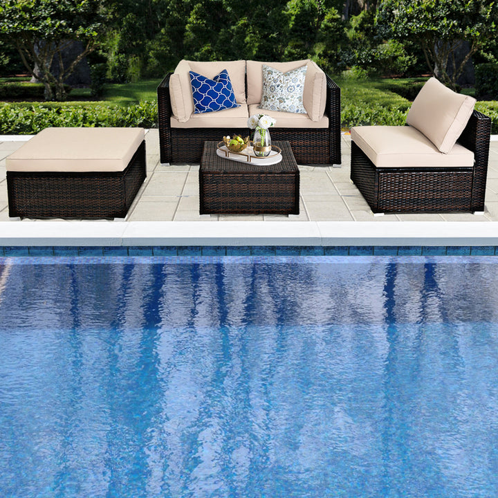 5PCS Rattan Patio Conversation Set Outdoor Furniture Set w/ Ottoman Cushion Image 4