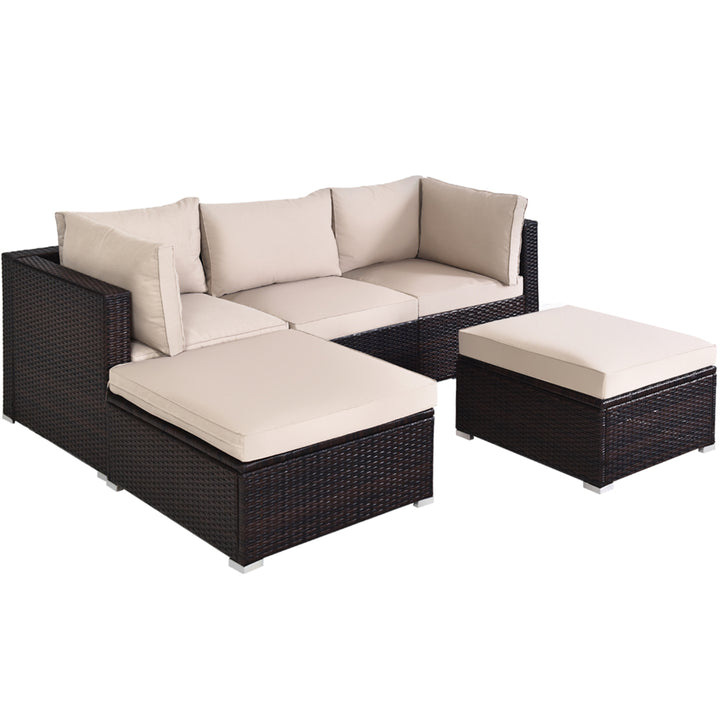 5PCS Rattan Patio Conversation Set Outdoor Furniture Set w/ Ottoman Cushion Image 2