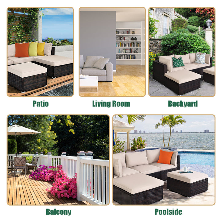 5PCS Rattan Patio Conversation Set Outdoor Furniture Set w/ Ottoman Cushion Image 7