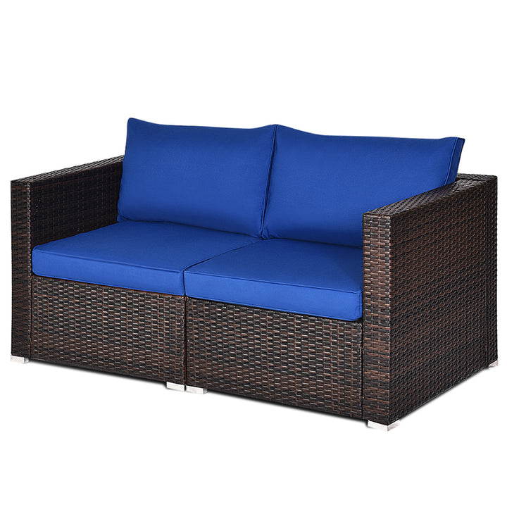 2PCS Rattan Corner Sofa Set Patio Outdoor Furniture Set w/ 4 Navy Cushions Image 2