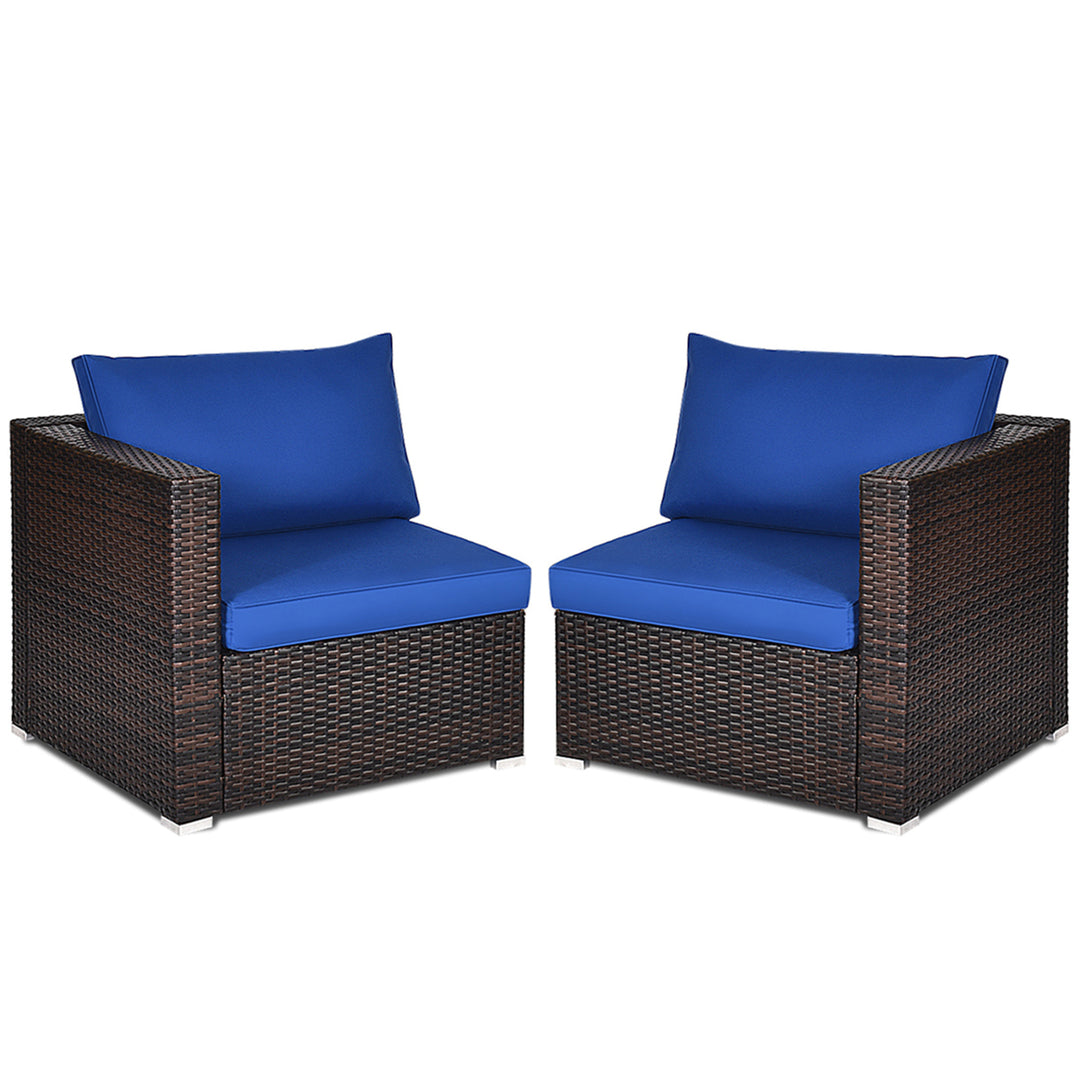 2PCS Rattan Corner Sofa Set Patio Outdoor Furniture Set w/ 4 Navy Cushions Image 6