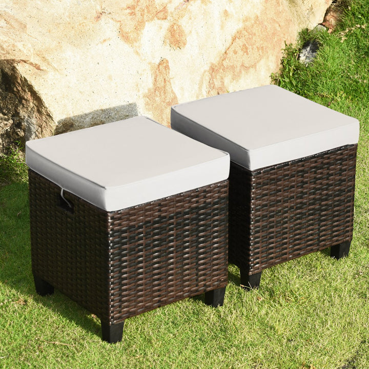 Set of 2 Patio Wicker Rattan Ottoman Footrest Garden Outdoor w/ Cushion Image 1