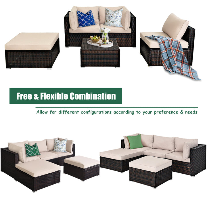 5PCS Rattan Patio Conversation Set Outdoor Furniture Set w/ Ottoman Cushion Image 8