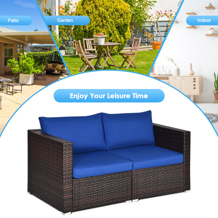 2PCS Rattan Corner Sofa Set Patio Outdoor Furniture Set w/ 4 Navy Cushions Image 8