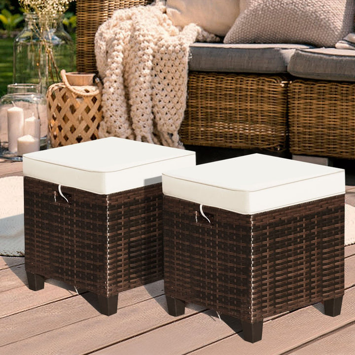 Set of 2 Patio Wicker Rattan Ottoman Footrest Garden Outdoor w/ Cushion Image 6