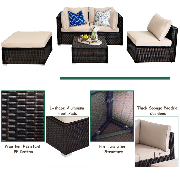 5PCS Rattan Patio Conversation Set Outdoor Furniture Set w/ Ottoman Cushion Image 10