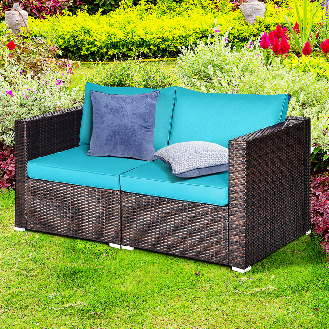 2PCS Rattan Corner Sofa Set Patio Outdoor Furniture Set w/ 4 Blue Cushions Image 1