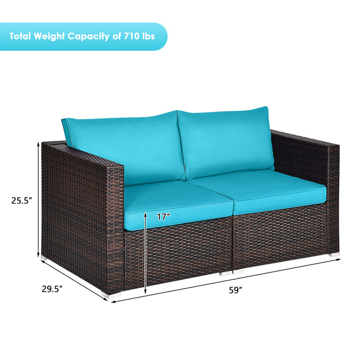 2PCS Rattan Corner Sofa Set Patio Outdoor Furniture Set w/ 4 Blue Cushions Image 3