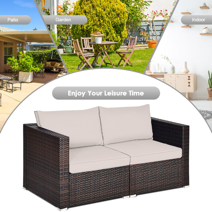 2PCS Rattan Corner Sofa Set Patio Outdoor Furniture Set w/ 4 Beige Cushions Image 8