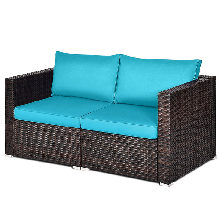 2PCS Rattan Corner Sofa Set Patio Outdoor Furniture Set w/ 4 Blue Cushions Image 2