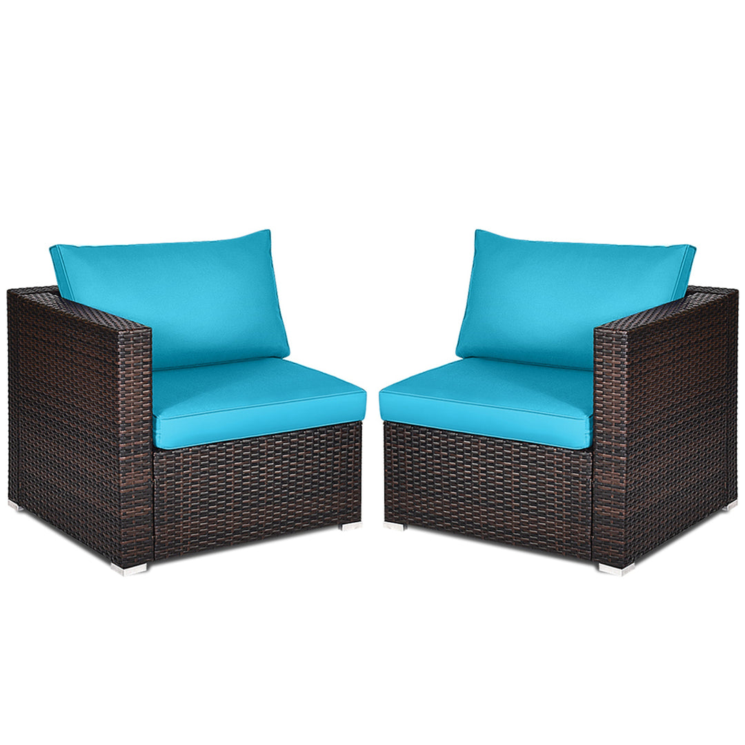 2PCS Rattan Corner Sofa Set Patio Outdoor Furniture Set w/ 4 Blue Cushions Image 6