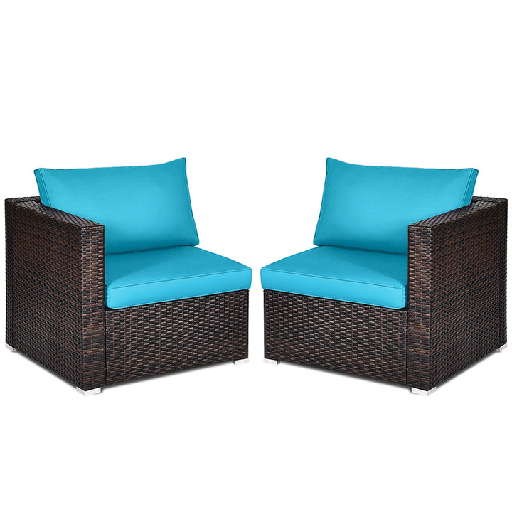 2PCS Rattan Corner Sofa Set Patio Outdoor Furniture Set w/ 4 Blue Cushions Image 6