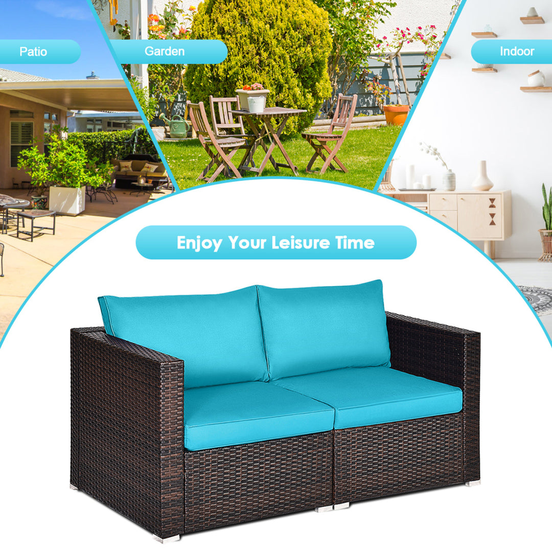 2PCS Rattan Corner Sofa Set Patio Outdoor Furniture Set w/ 4 Blue Cushions Image 8