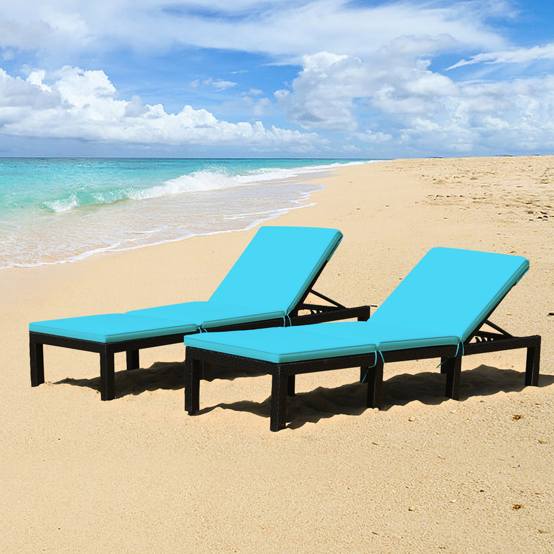 2PCS Adjustable Rattan Patio Chaise Lounge Chair Couch w/ Turquoise Cushion Image 1