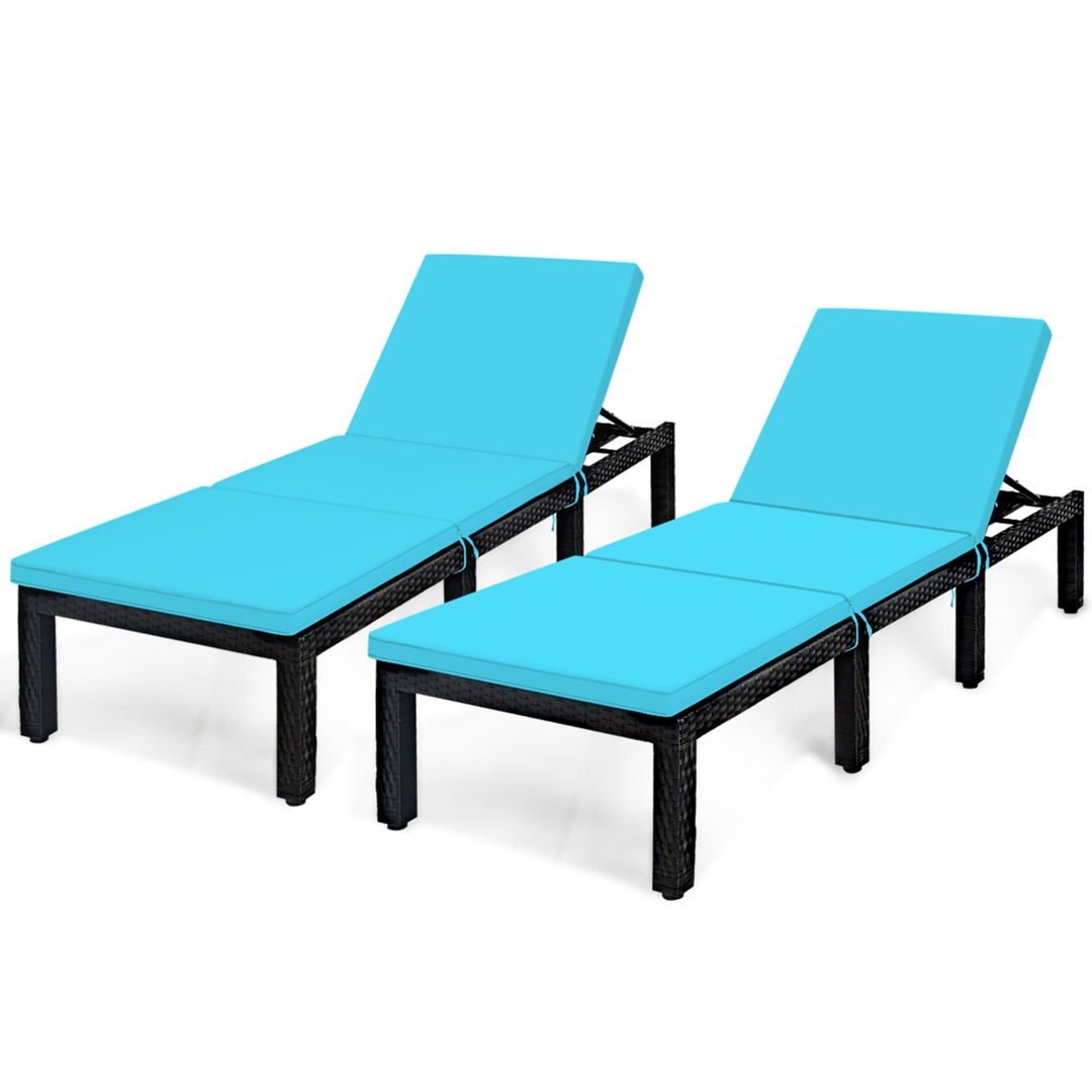 2PCS Adjustable Rattan Patio Chaise Lounge Chair Couch w/ Turquoise Cushion Image 2