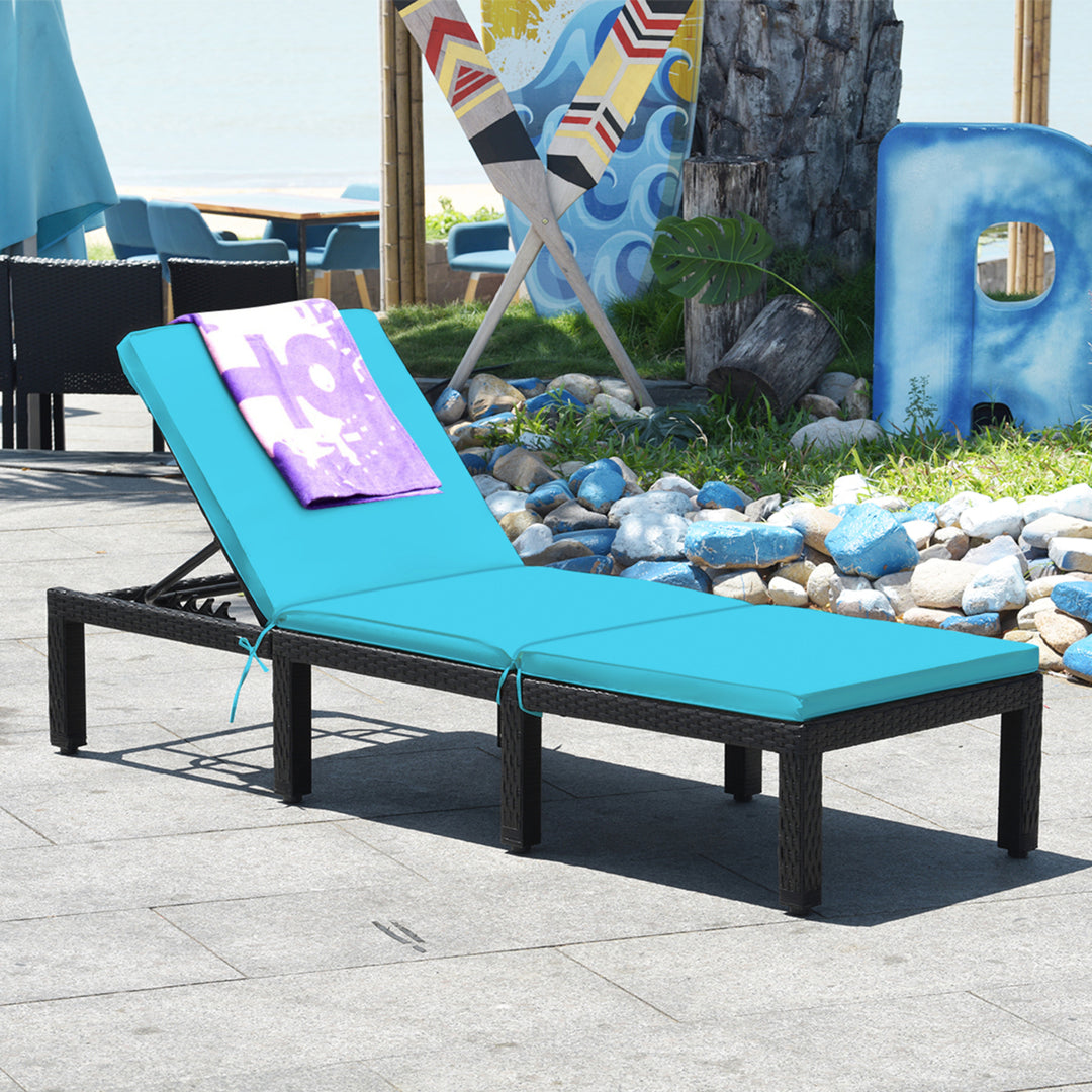 2PCS Adjustable Rattan Patio Chaise Lounge Chair Couch w/ Turquoise Cushion Image 4