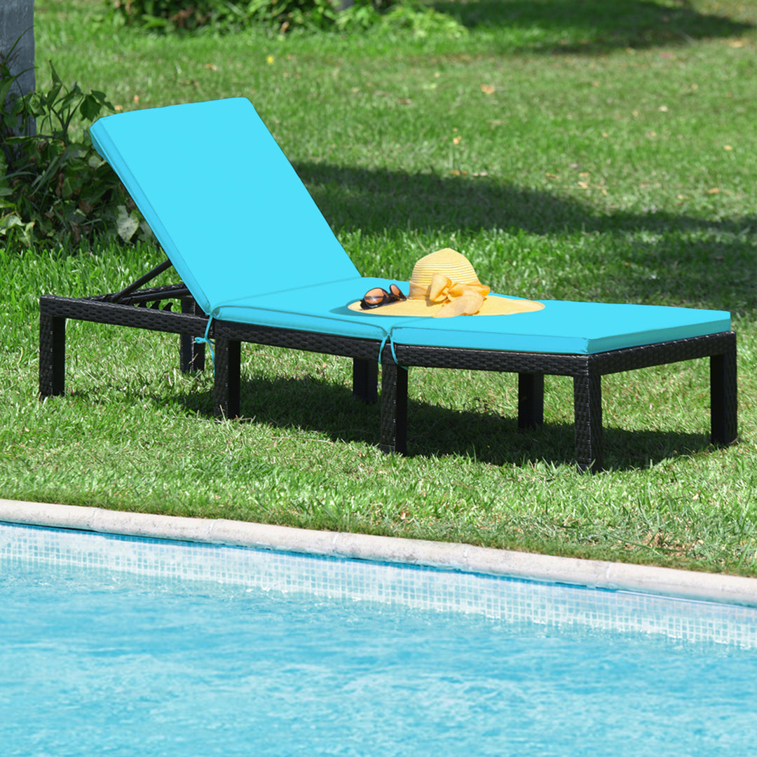 2PCS Adjustable Rattan Patio Chaise Lounge Chair Couch w/ Turquoise Cushion Image 5