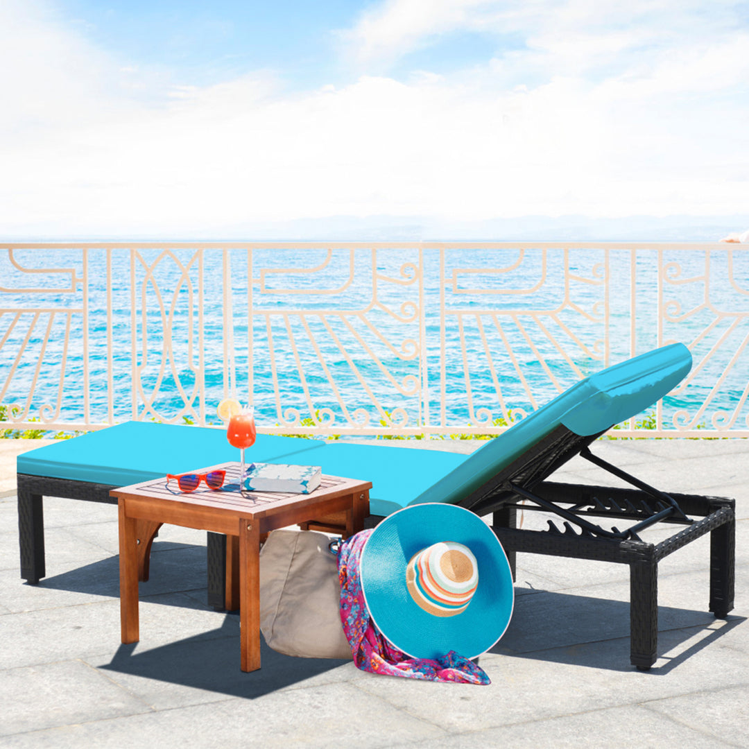 2PCS Adjustable Rattan Patio Chaise Lounge Chair Couch w/ Turquoise Cushion Image 6