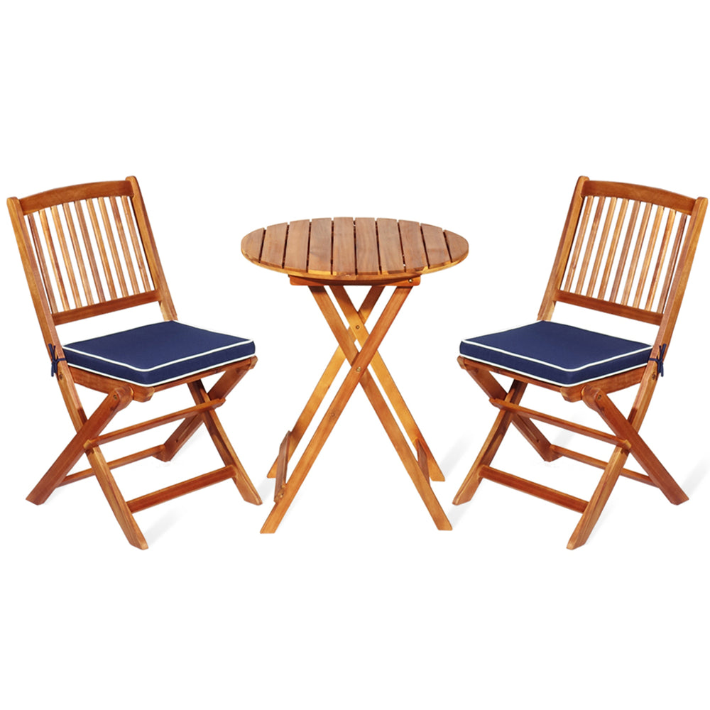 3PC Folding Patio Conversation Set Acacia Wood Bistro Set w/ Cushions Image 2