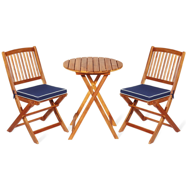 3PC Folding Patio Conversation Set Acacia Wood Bistro Set w/ Cushions Image 2