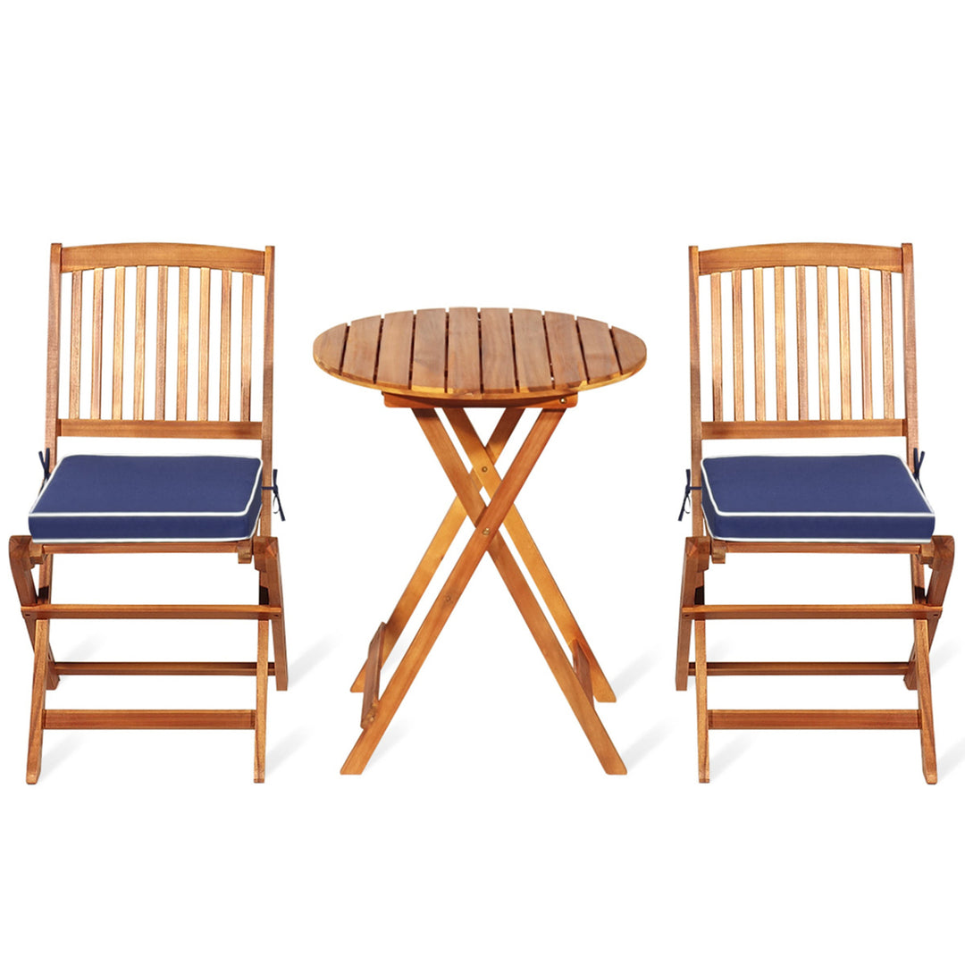 3PC Folding Patio Conversation Set Acacia Wood Bistro Set w/ Cushions Image 5