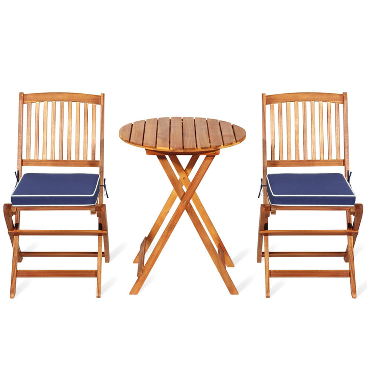 3PC Folding Patio Conversation Set Acacia Wood Bistro Set w/ Cushions Image 5