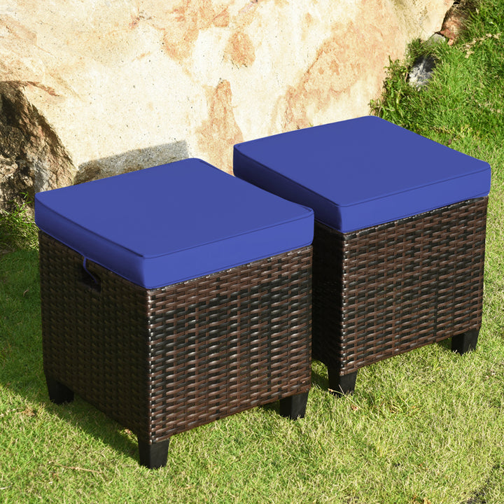 Set of 2 Patio Rattan Ottoman Footrest Garden Outdoor w/ Navy Cushion Image 1