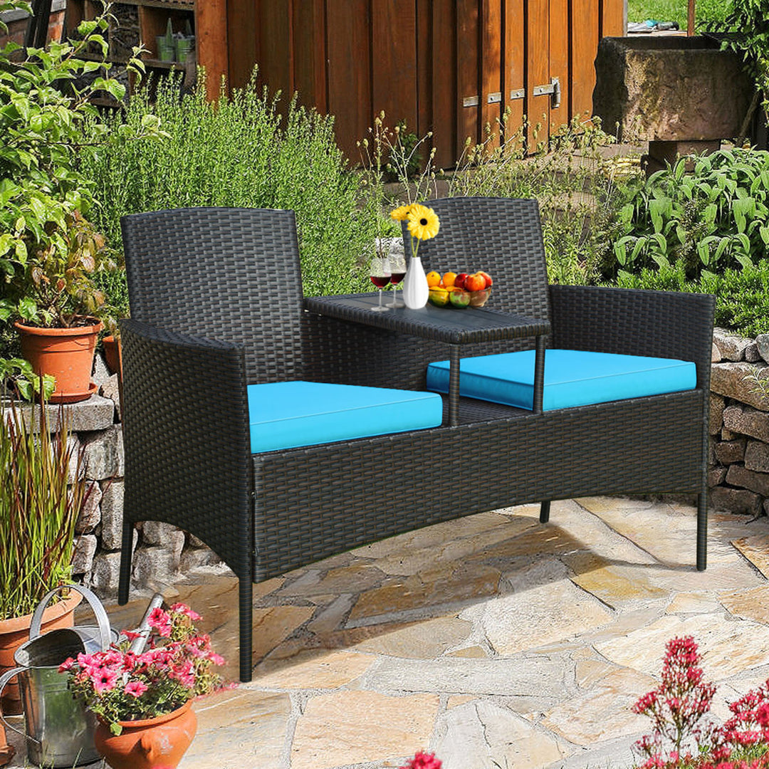 Gymax Rattan Wicker Patio Conversation Set w/ Loveseat Table Turquoise Cushion Image 1