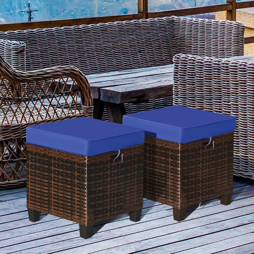 Set of 2 Patio Rattan Ottoman Footrest Garden Outdoor w/ Navy Cushion Image 6